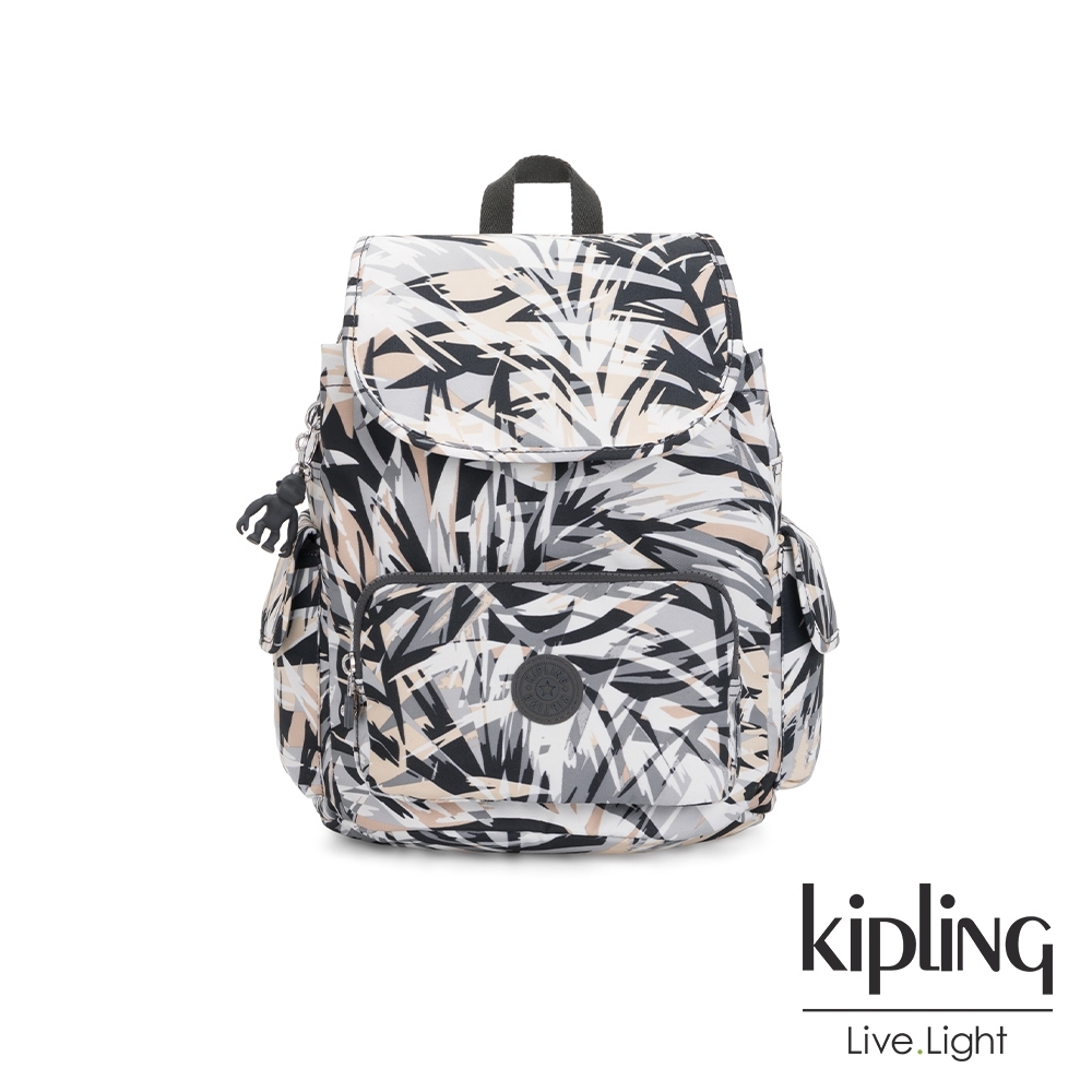 Kipling 夏日棕櫚印花拉鍊掀蓋後背包-CITY PACK S