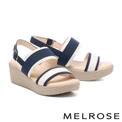 涼鞋 MELROSE 美樂斯 夏日輕旅 日常雙色一字造型羊皮拼接布厚底涼鞋－藍