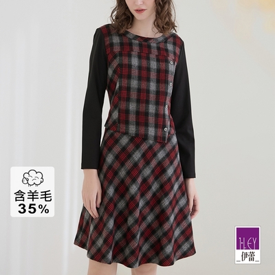 ILEY伊蕾 時尚造型斜邊排釦格紋假兩件洋裝(黑色；M-XL)1224017234