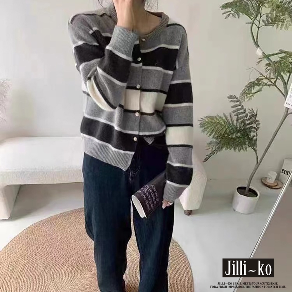 JILLI-KO 慵懶風寬鬆撞色條紋開扣針織上衣- 灰/粉紅