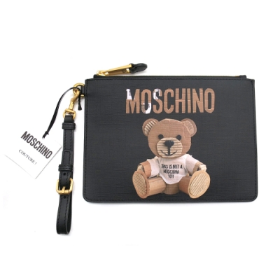 MOSCHINO 瓦楞熊圖案黑色拉鍊手拿包