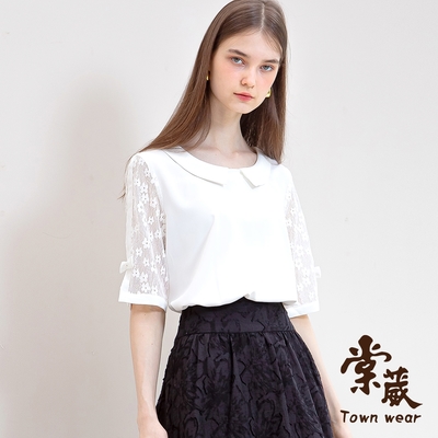 【TOWNWEAR棠葳】氣質蕾絲袖拼接翻領上衣(女上衣/女上著/五分袖/透膚/鑽飾)