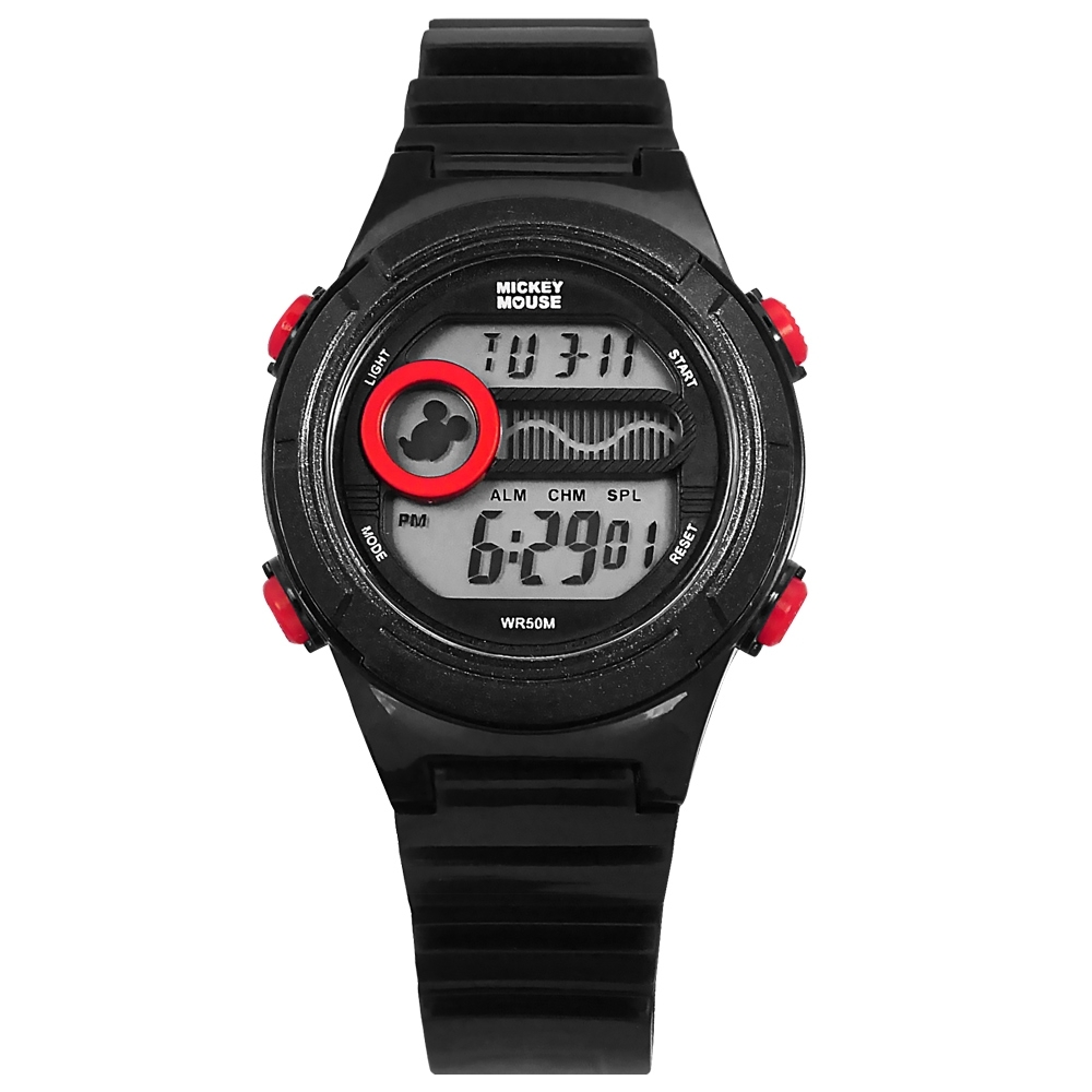 Disney 迪士尼 米奇系列 計時碼錶 鬧鈴 兒童錶 卡通錶 電子 橡膠手錶-黑色/35mm