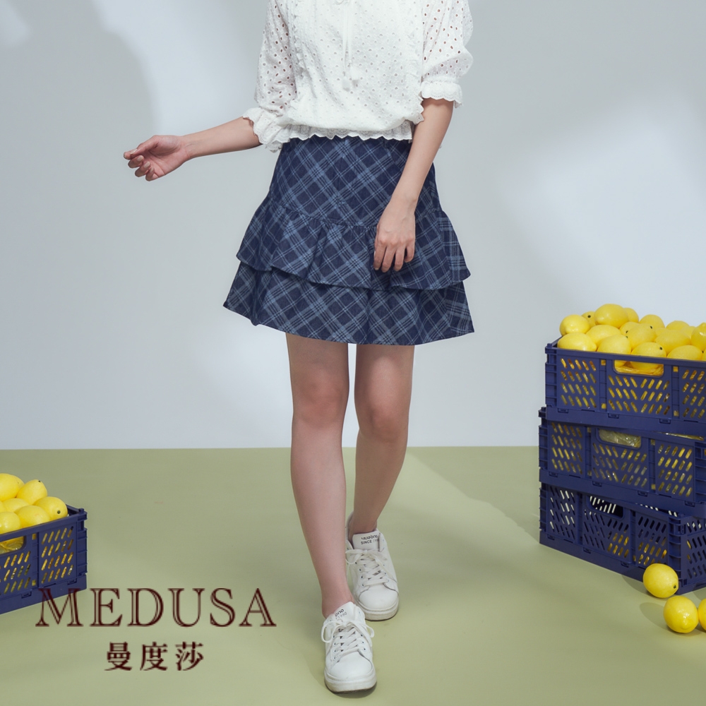 現貨【MEDUSA 曼度莎】格紋荷葉牛仔短裙（M-XL）｜牛仔裙 裙子 冬新品