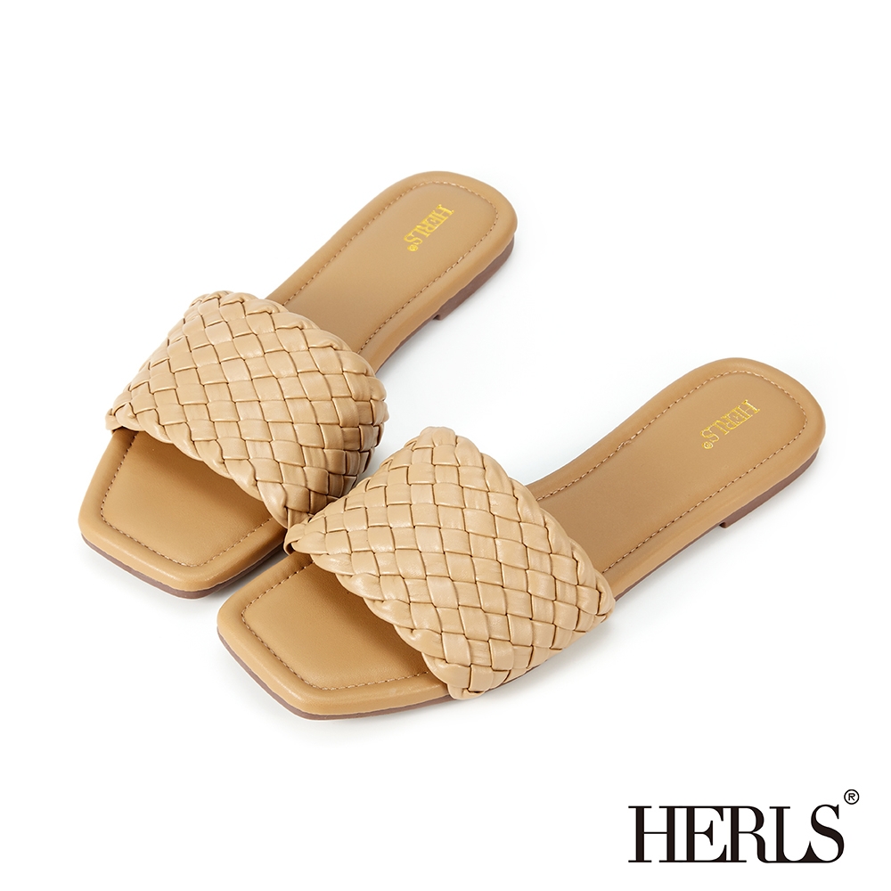 HERLS拖鞋 寬版編織設計涼拖鞋 駝色