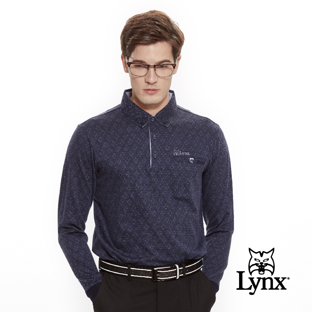 【Lynx Golf】男款雙絲光緹花菱格紋隱藏式胸袋長袖POLO衫-深藍色