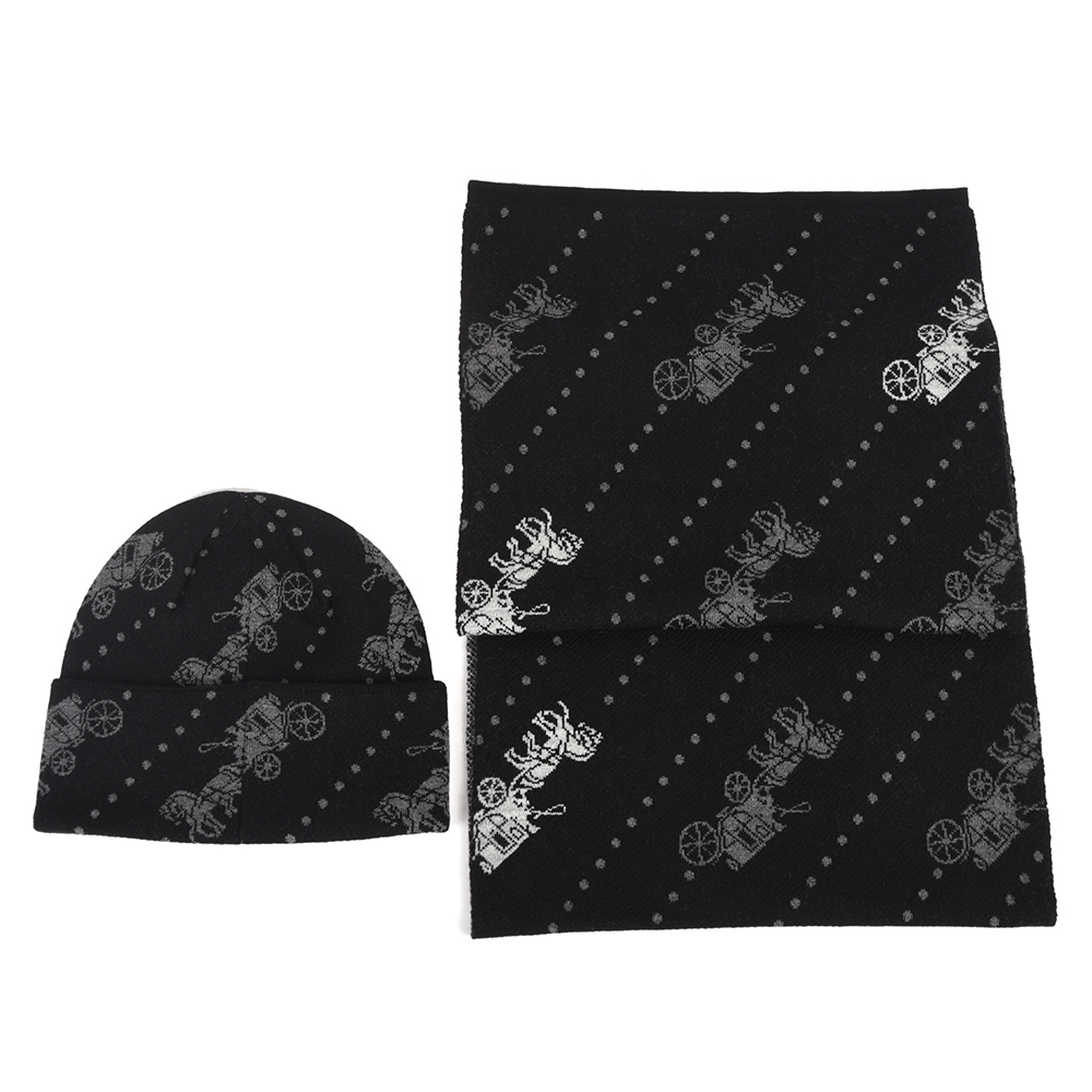 COACH 經典滿版馬車 LOGO羊毛圍巾+針織毛帽雙件組(黑)