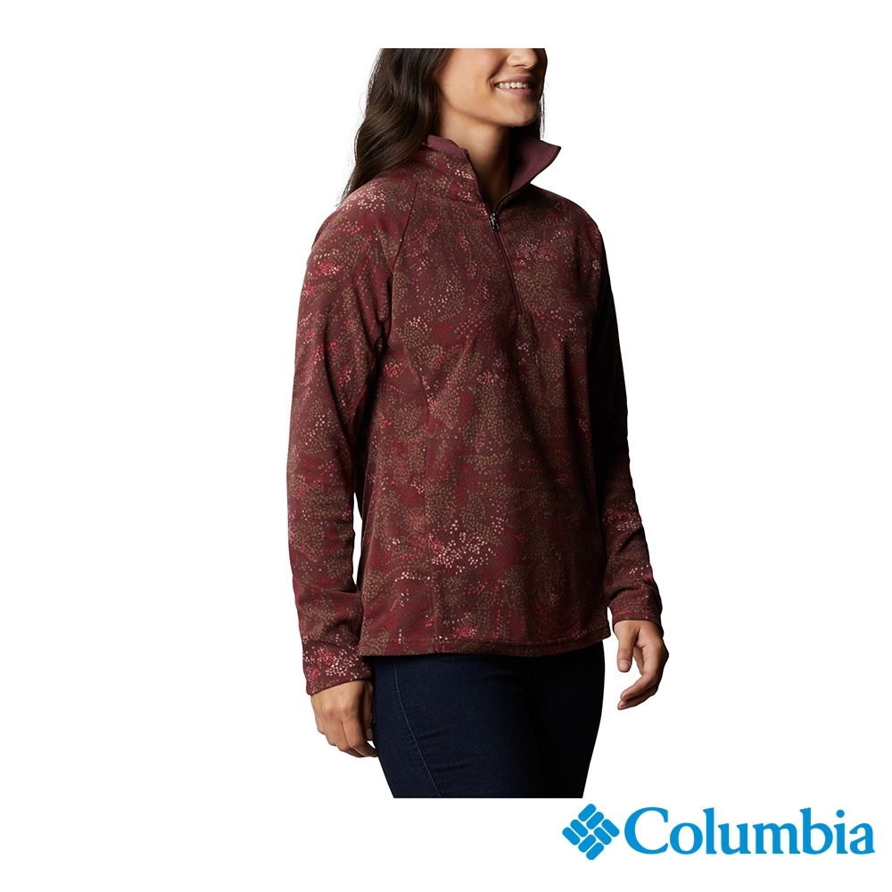 Columbia 哥倫比亞  女款-印花半開襟刷毛長袖上衣-暗紅 UAK11300WE