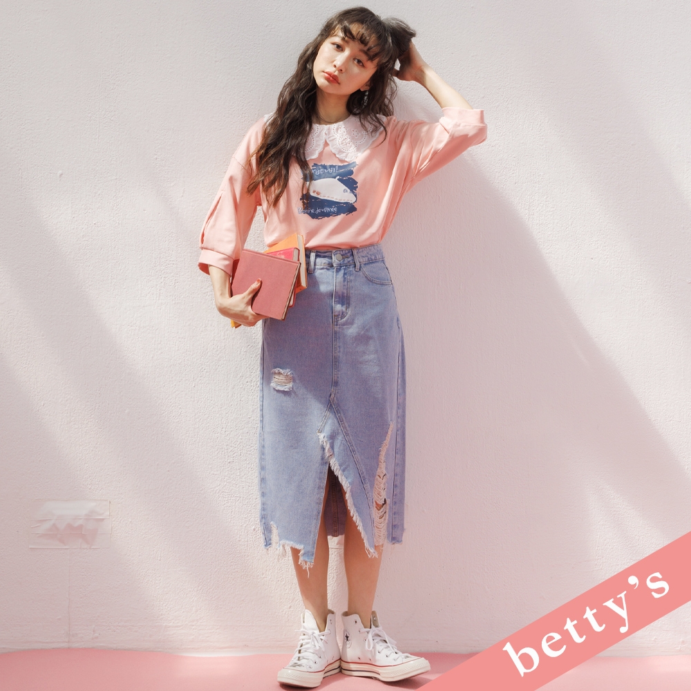 betty’s貝蒂思　刷破前開衩A字牛仔裙(淺藍色)