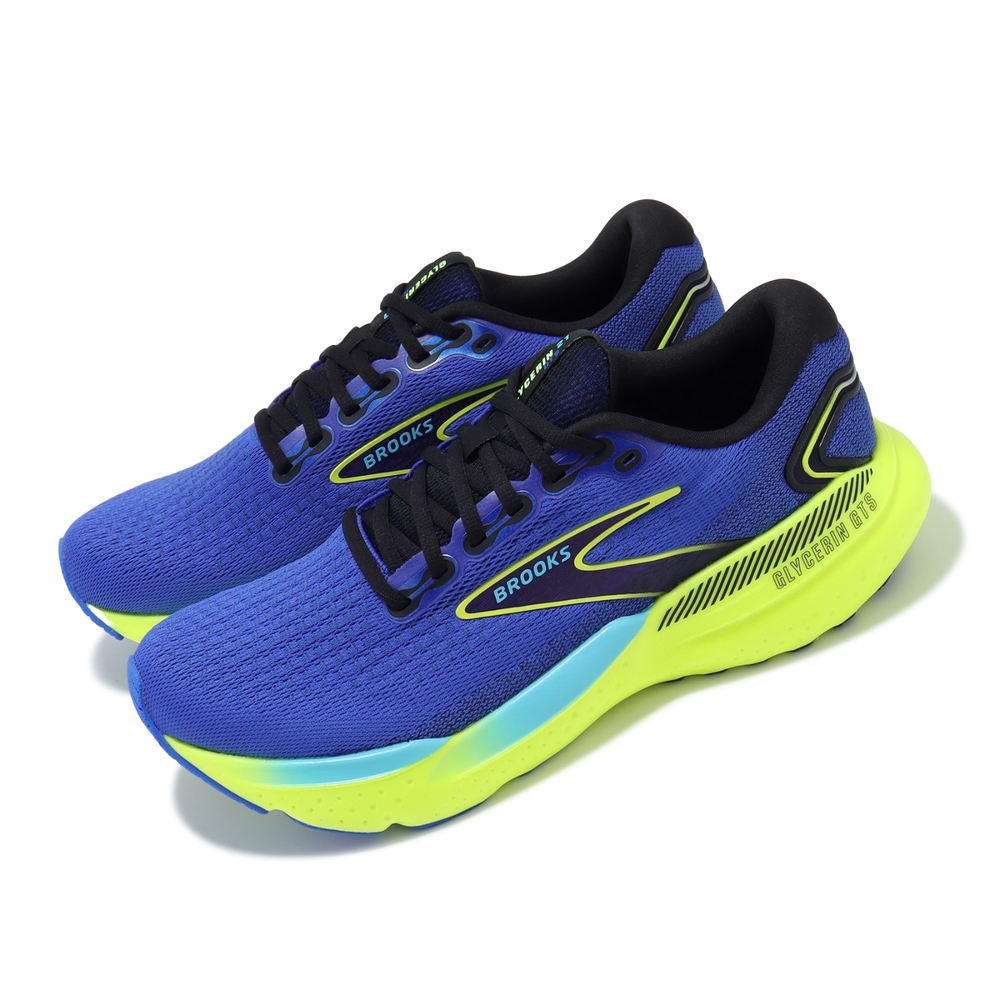 Brooks 慢跑鞋 Glycerin GTS 21 男鞋 藍 螢光綠 回彈 透氣 甘油系列 路跑 運動鞋  1104201D429