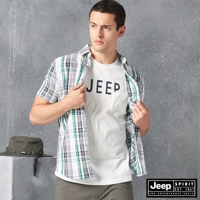 Jeep 男裝 休閒百搭格紋短袖襯衫-白綠色