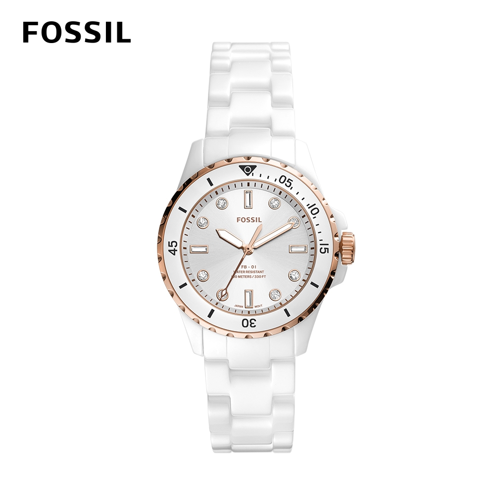 FOSSIL FB-01 白色面板清新水鬼女錶 白色陶瓷錶帶 35MM CE1107
