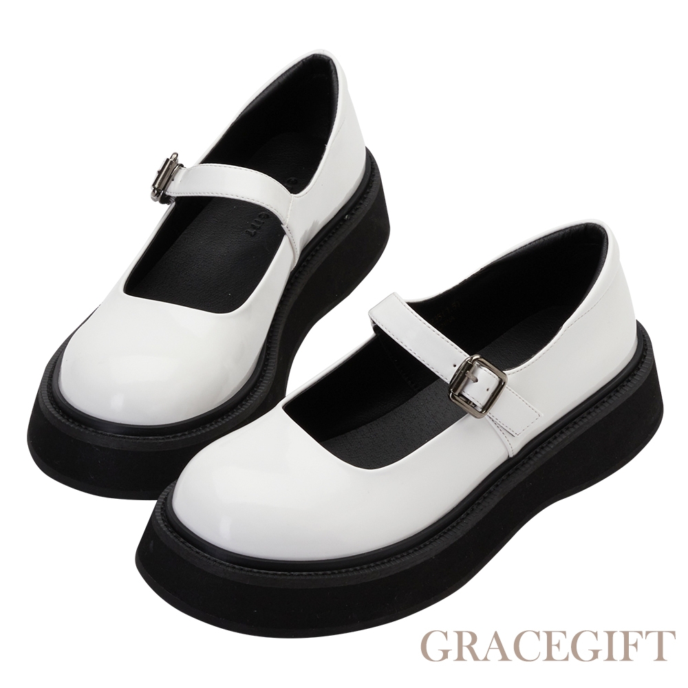 【Grace Gift】學院風經典圓頭瑪莉珍鞋 白漆