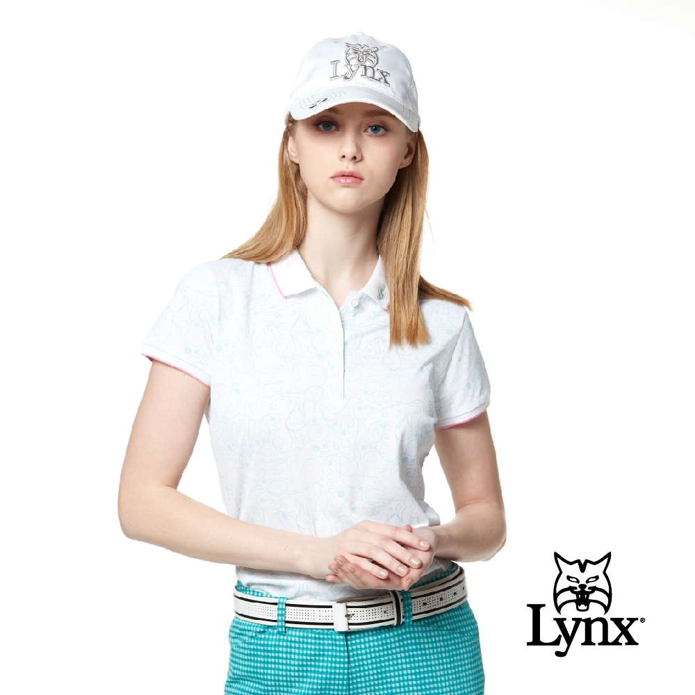 【Lynx Golf】女款吸濕排汗抗UV涼感羅紋邊條配色滿版印花短袖POLO衫-水藍色