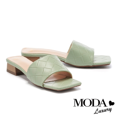 拖鞋 MODA Luxury 氣質風尚編織質感一字方頭低跟拖鞋－綠