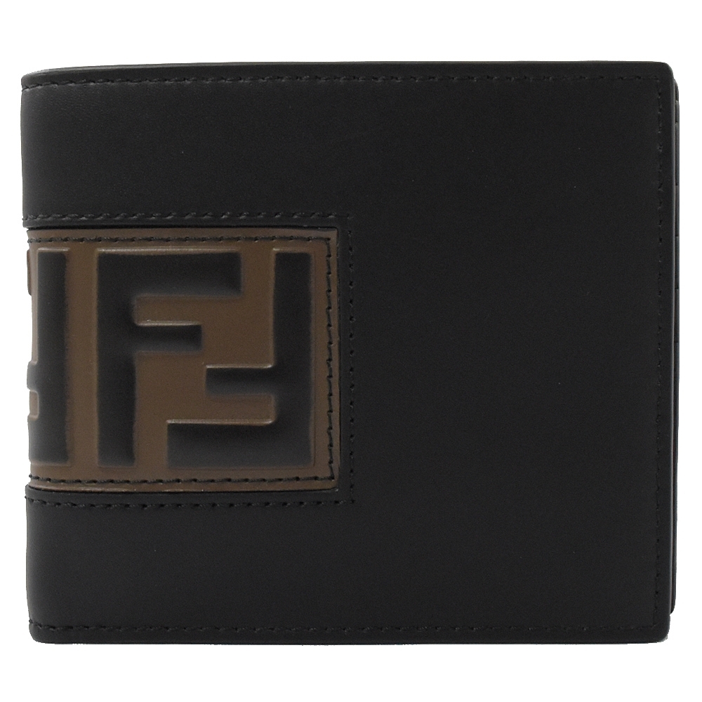 FENDI 雙F LOGO牛皮八卡對開式短夾(黑/咖)