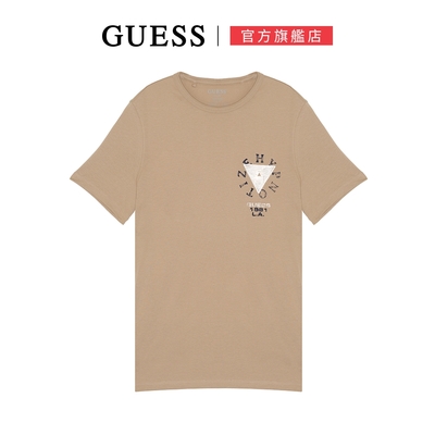 【GUESS】圓領美式街頭感短T-卡其