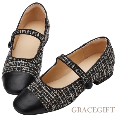 【Grace Gift】甜美名媛毛呢低跟瑪莉珍鞋 黑