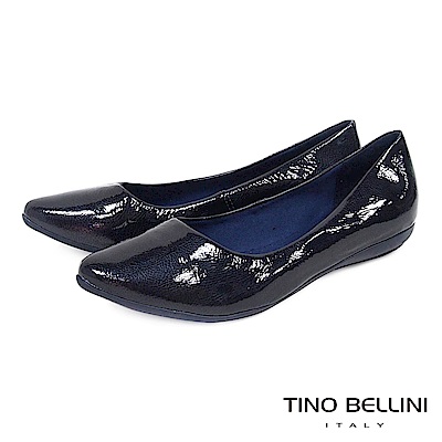 Tino Bellini巴西進口金屬爆裂紋牛漆皮平底娃娃鞋_深藍