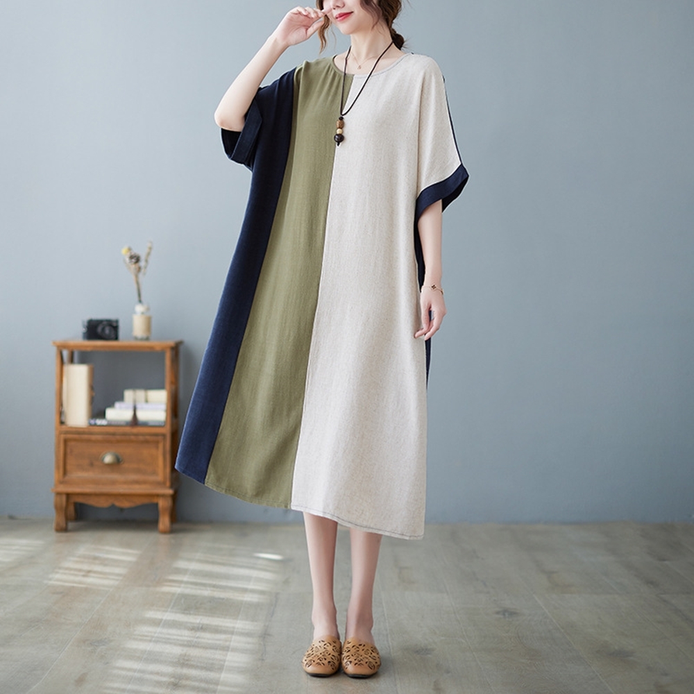 米蘭精品 連身裙棉麻洋裝-拼色寬鬆休閒夏季女裙子74cs36