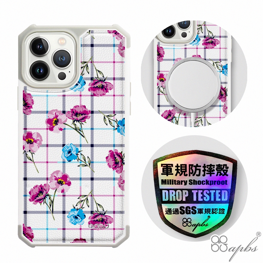 apbs iPhone 13 Pro Max / 13 Pro / 13 軍規防摔皮革磁吸手機殼-經典牛紋-格紋-玫瑰(上光版)白殼