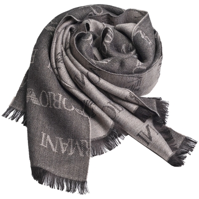 EMPORIO ARMANI 義大利製品牌LOGO圖騰混羊毛造型圍巾(咖啡色系)