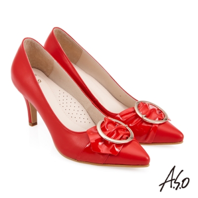 A.S.O 健步通勤漆皮飾釦高跟鞋-正紅