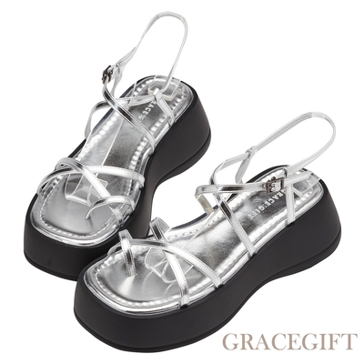 【Grace Gift】交叉細帶雪糕厚底涼鞋 銀