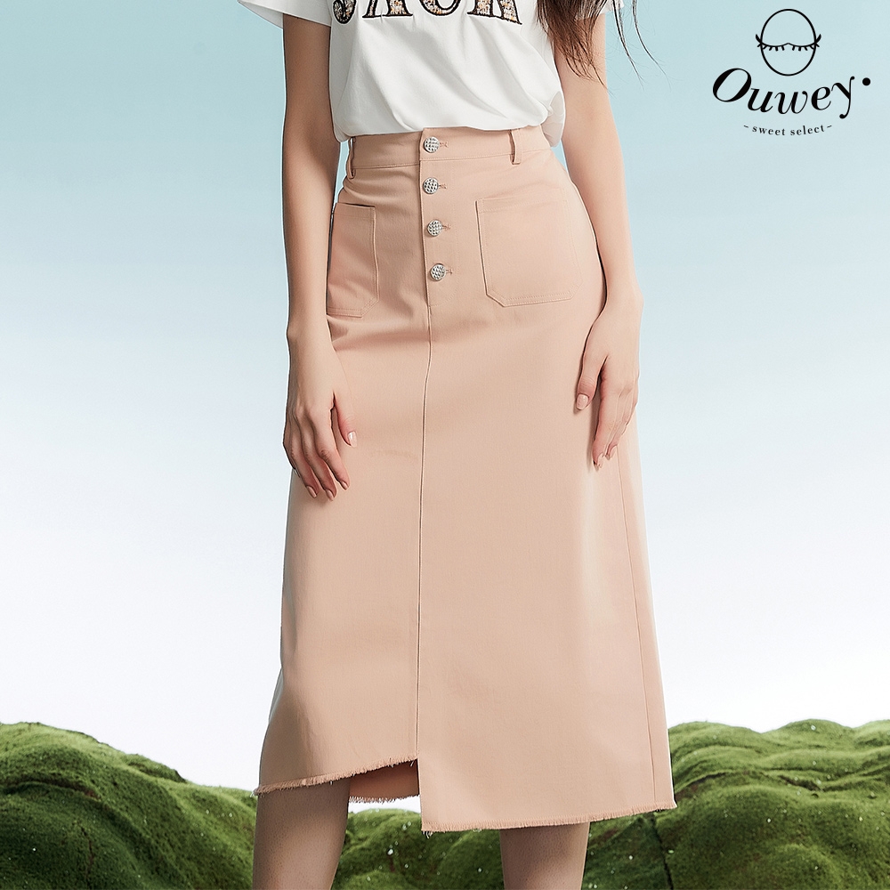 OUWEY歐薇 率性甜美抽鬚排釦純棉牛仔裙(粉色；S-L)3232028205