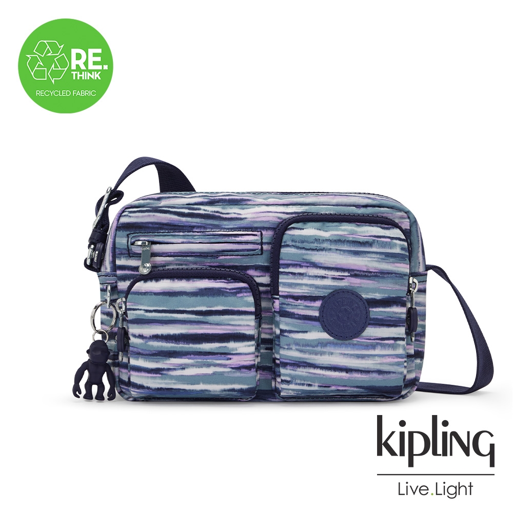 Kipling 霧藍手刷條紋實用多前袋側肩包-ALBENA