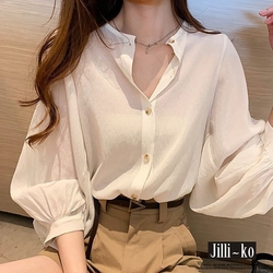 JILLI-KO 韓版薄款寬鬆防曬雪紡襯衫- 白色