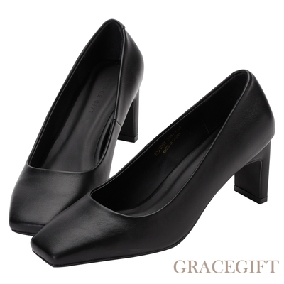 【Grace Gift】俐落方頭造型中跟鞋 黑