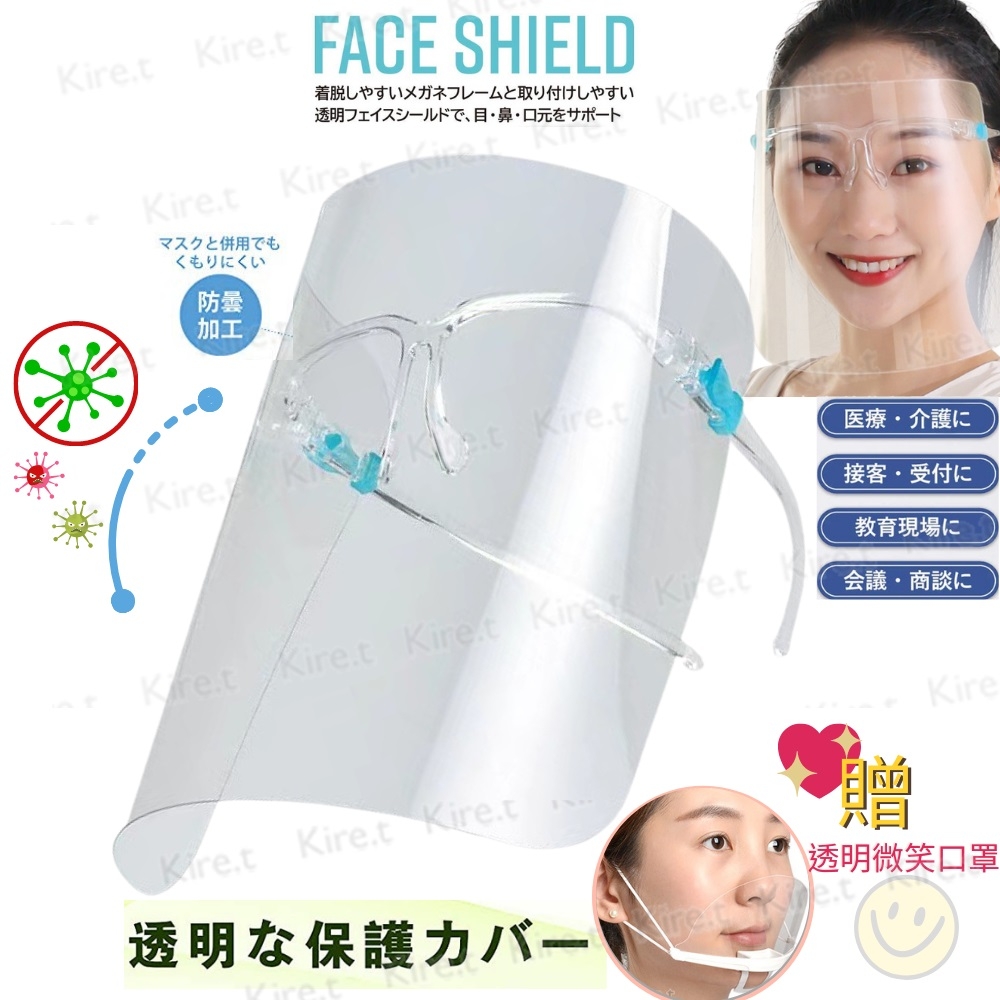 Kiret 透明防護面罩 大鏡面防疫面罩 鏡架型口水飛沫防護罩(超值6入)-加贈透明口罩2入
