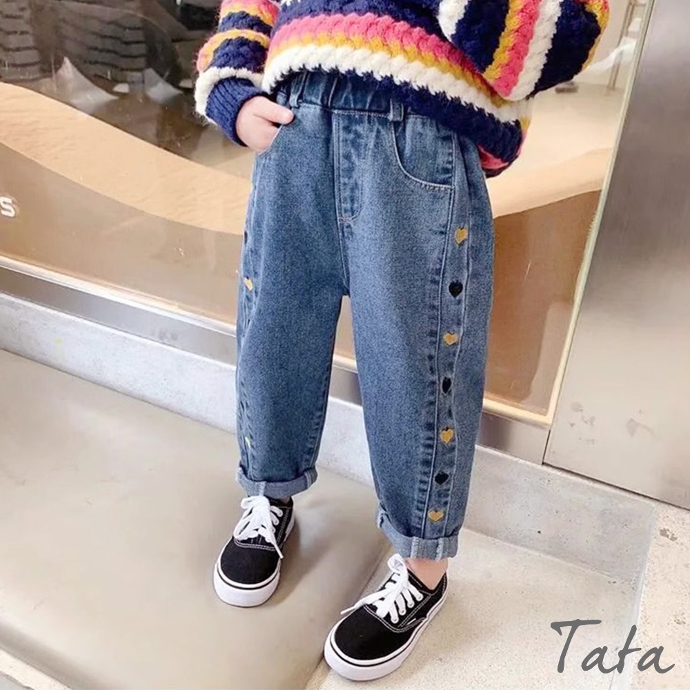 TATA KIDS 童裝 愛心刺繡鬆緊腰牛仔長褲