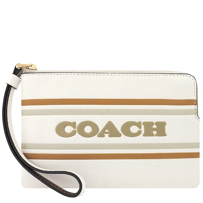 COACH 象牙白色荔枝紋皮革LOGO條紋手拿包