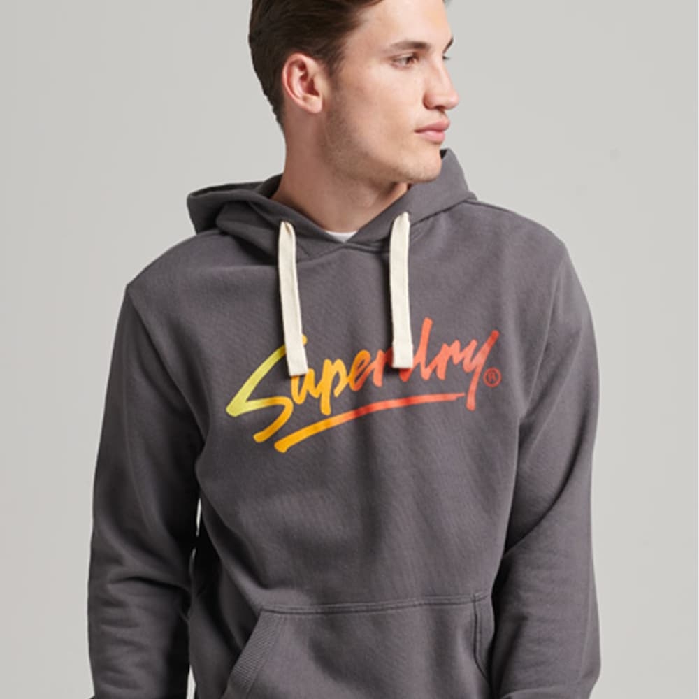 SUPERDRY 男裝 長袖帽T 連帽套頭衫 Dwntwn Script 碳黑彩字