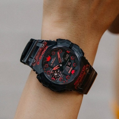 CASIO卡西歐 G-SHOCK 藍牙 碳纖維核心防護 半透明 機械戰甲 電競黑紅 GA-B001G-1A_46mm