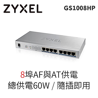 ZyXEL合勤 8埠GbE無網管型PoE+交換器 GS1008HP