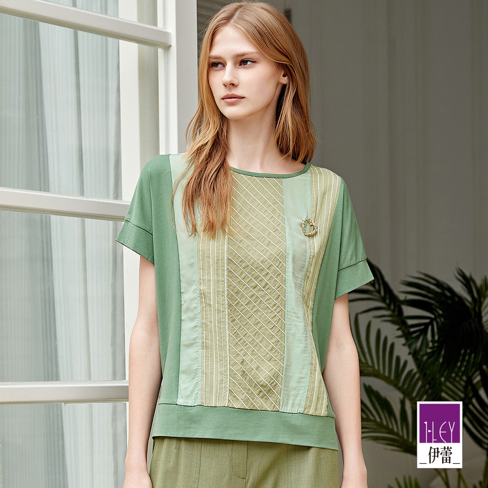 ILEY伊蕾 禪風異材線條拼接棉質長版上衣(綠色；M-XL)1232071206