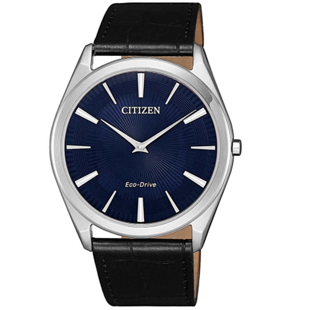 CITIZEN 星辰小牛皮光動能腕錶-黑藍AR3070-04L