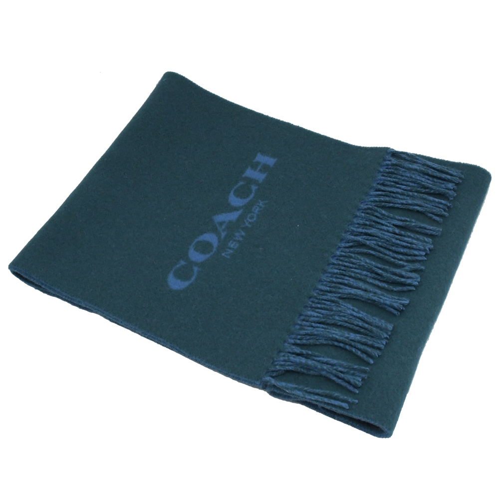COACH 經典英字LOGO羊絨雙面撞色長圍巾(藍)