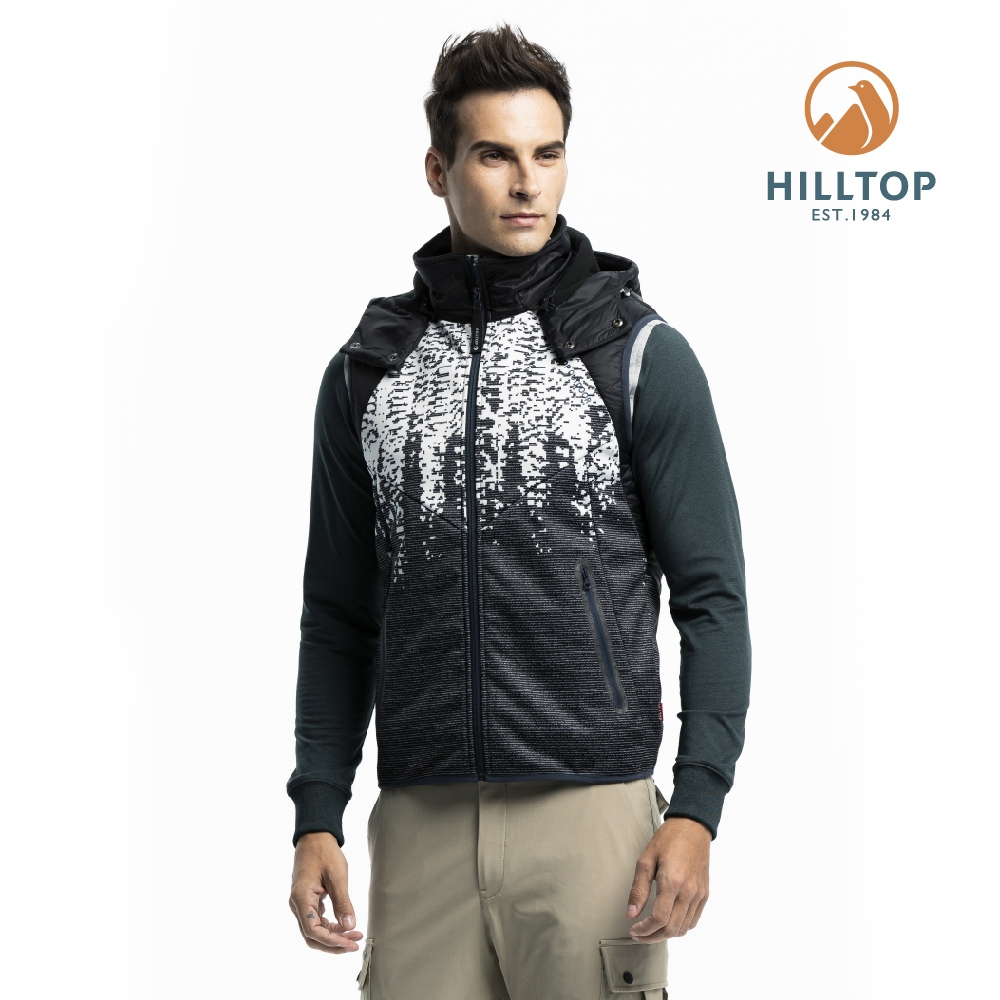 Hilltop 山頂鳥 男款防風透氣科技保暖棉印花背心H25M97黑白印花