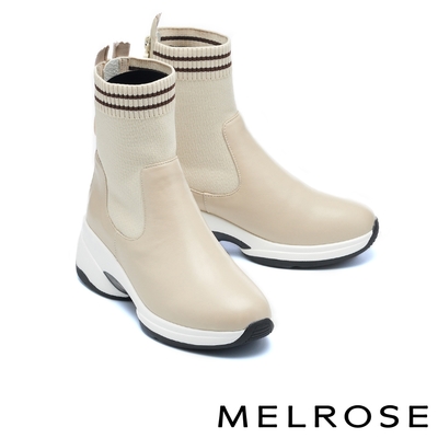 休閒鞋 MELROSE 美樂斯 俐落時髦舒適牛皮拼接彈力飛織高筒厚底休閒鞋－米