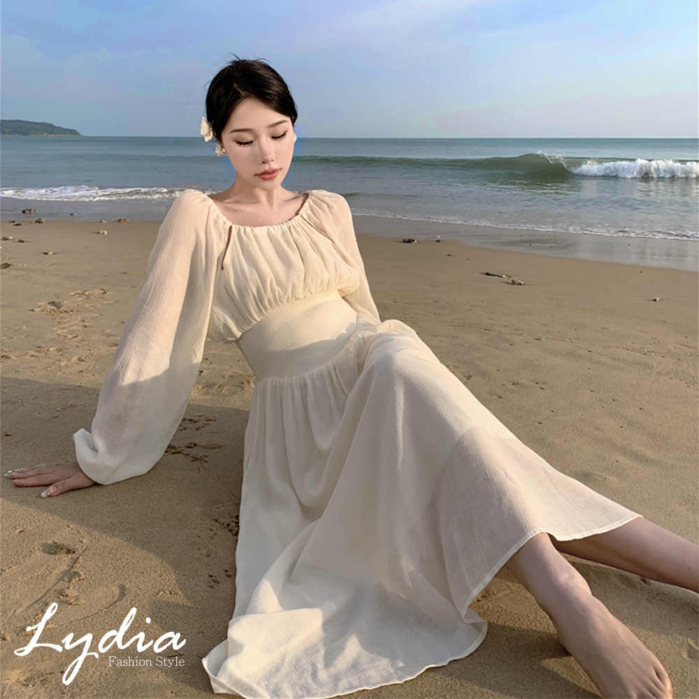 【Lydia】現貨 法式氣質收腰顯瘦長袖連身洋裝(杏 M.L.XL.2L)