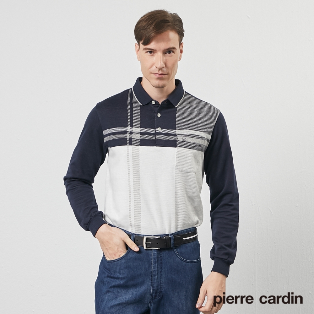 Pierre Cardin皮爾卡登 男款 大定位格子刷毛長袖POLO衫-丈青(5205277-38)