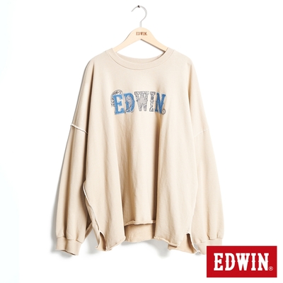 EDWIN 再生系列 CORE 環保丹寧變形蟲LOGO寬版不收邊厚長袖T恤-女-淺卡其