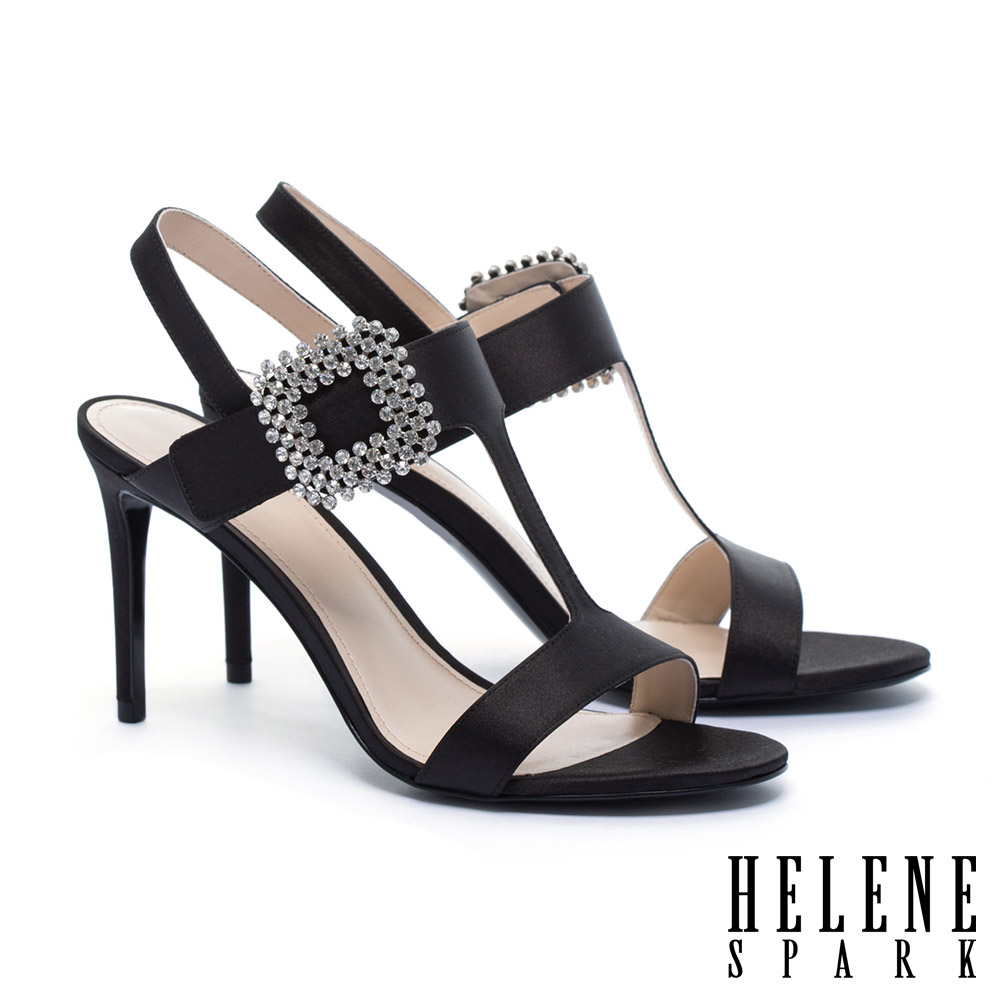 涼鞋 HELENE SPARK 優雅迷人璀璨晶鑽方釦繫帶高跟涼鞋－黑