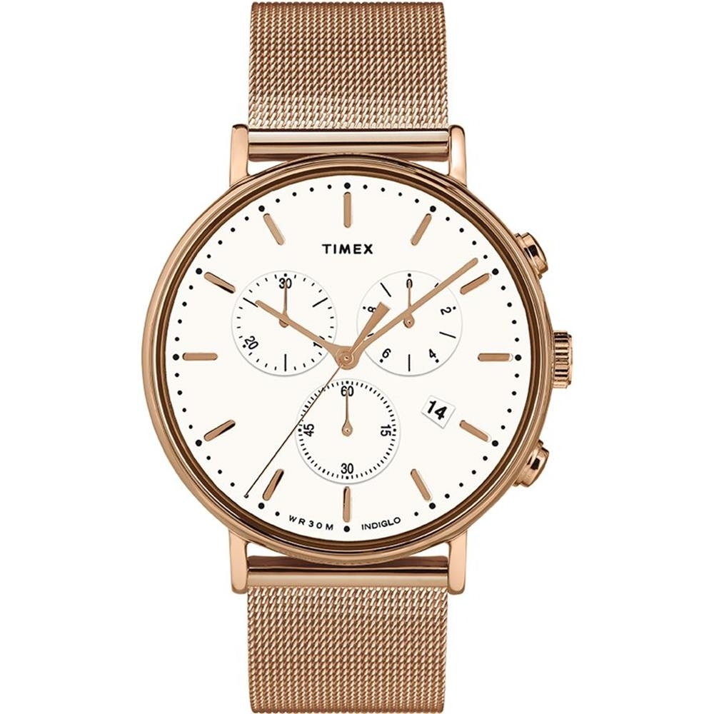 TIMEX Fairfield Chrono 優雅米蘭帶三眼計時手錶-白x玫瑰金/41mm