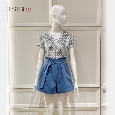JESSICA RED - 舒適透氣棉麻百搭高腰短褲（藍）823126