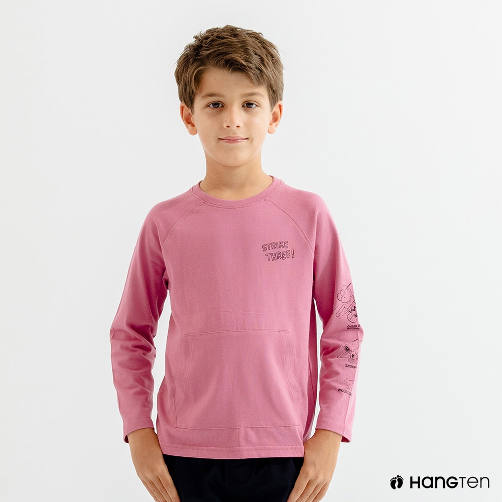 Hang Ten男童-Charlie Brown袋鼠口袋印花長袖T恤(紫紅)